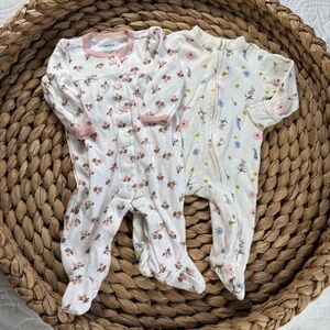 Carter's & Old Navy 100% Cotton Floral Footies Pajamas Pink White Yellow 0-3 EUC